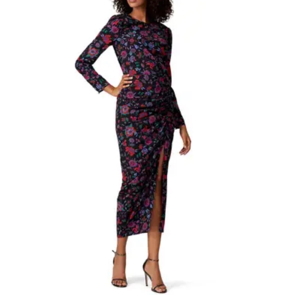 Veronica Beard Black Floral Long-Sleeve Midi Dress with Side Slit
